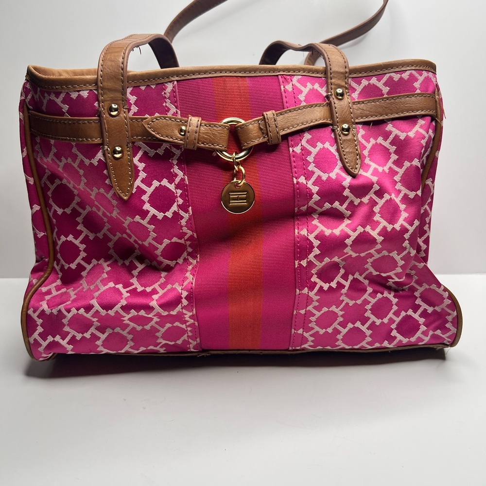 Tommy Hilfiger Pink/orange Logo Charm Jacquard Crossbody Handbag Purse